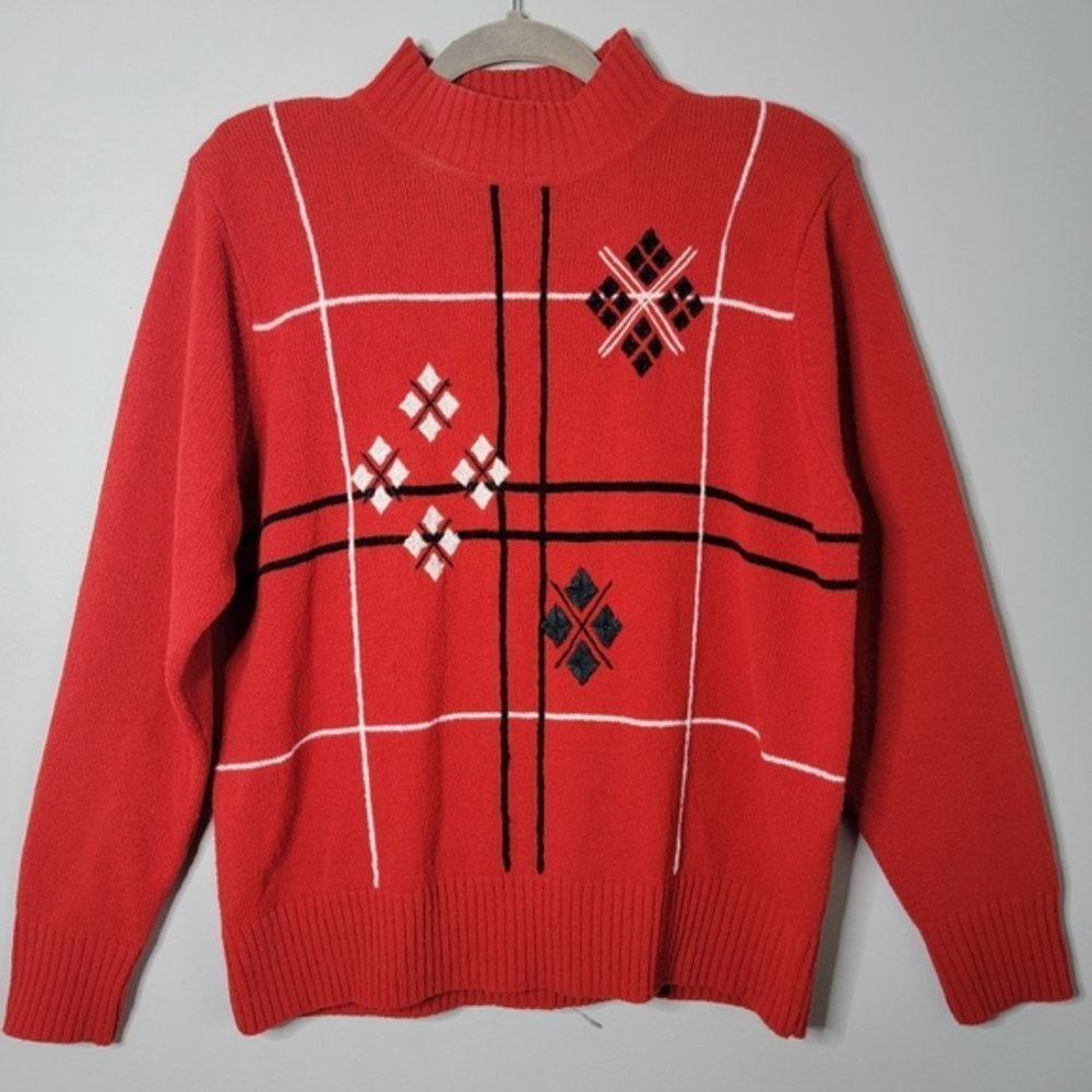 Vintage Tanjay Large Red Black & White Harlequin Embroidered Turtleneck Sweater